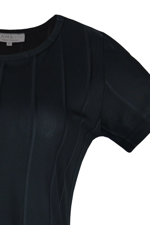 Vestido Textura Rayas Verticales Color Negro Manga Corta Para Mujer